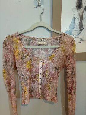Free People We the Free Sheer Peach Cardigan Floral Design Snap Button